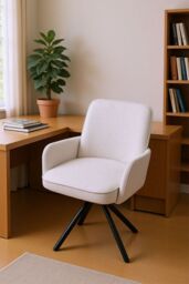 Living and Home Linen Modern Swivel Chair with Black Legs in White