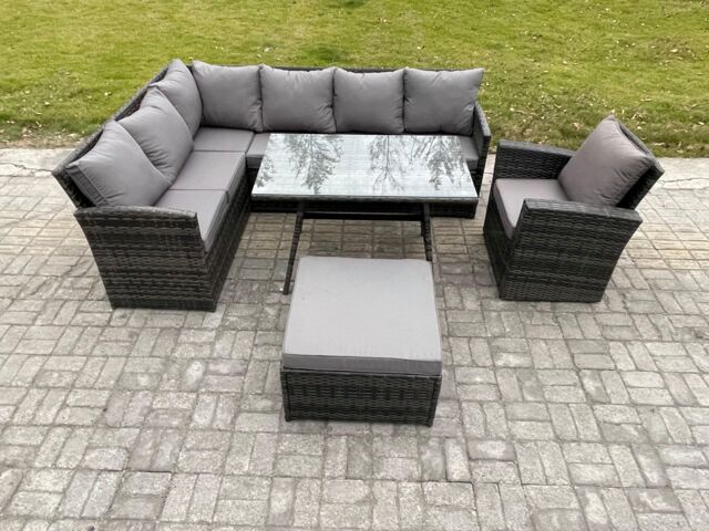 Fimous Rattan Garden Furniture Corner Sofa Set with Dining Table Footstool Armchair Outdoor Wicker Rattan Set in Dark Grey - image 1