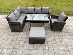 Fimous Rattan Garden Furniture Corner Sofa Set with Dining Table Footstool Armchair Outdoor Wicker Rattan Set in Dark Grey - thumbnail 1