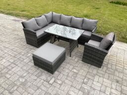 Fimous Rattan Garden Furniture Corner Sofa Set with Dining Table Footstool Armchair Outdoor Wicker Rattan Set in Dark Grey - thumbnail 2