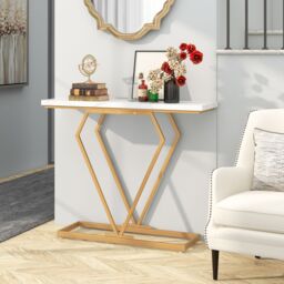 Costway Modern Console Table Faux Marble Narrow Entryway Hallway Table Accent Desk 100cm in White - thumbnail 3