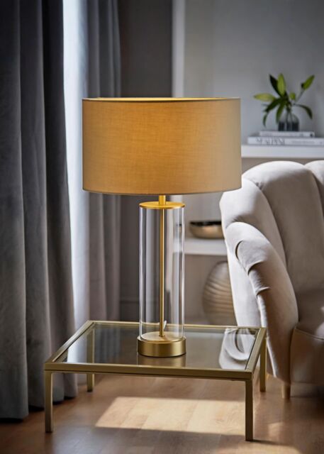 ValueLights Balan Glass & Matt Gold Table Lamp with Fabric Drum Lamp Shade in Natural - image 1