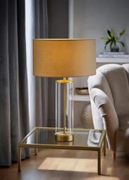 ValueLights Balan Glass & Matt Gold Table Lamp with Fabric Drum Lamp Shade in Natural
