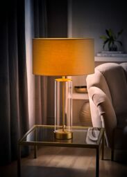 ValueLights Balan Glass & Matt Gold Table Lamp with Fabric Drum Lamp Shade in Natural - thumbnail 2