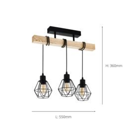 Eglo Townshend Natural Wood & Metal 3 Light Ceiling Pendant in Light Brown - thumbnail 3