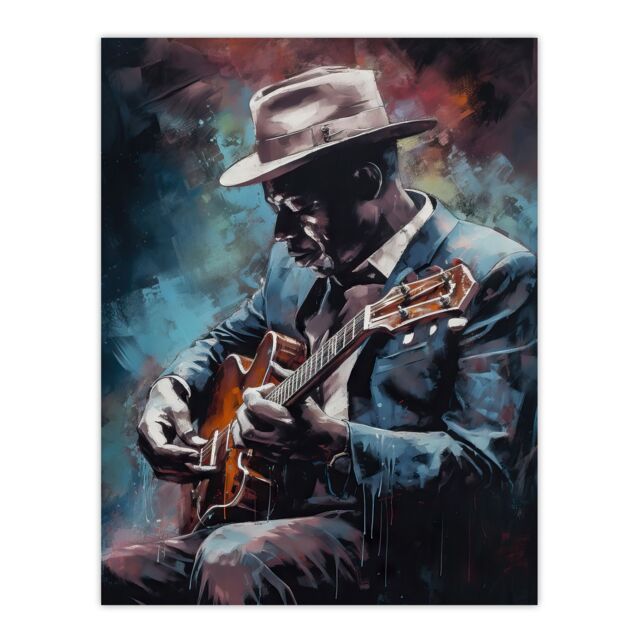 "Artery8 Wall Art Print Ragtime Blues Watercolour Artwork Musician Playing Acoustic Guitar Portrait Painting Poster in Blue - Size: W24"" x H32""" - image 1