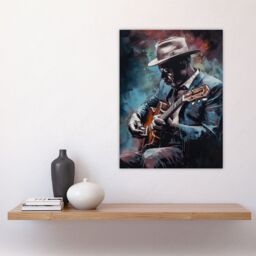 "Artery8 Wall Art Print Ragtime Blues Watercolour Artwork Musician Playing Acoustic Guitar Portrait Painting Poster in Blue - Size: W24"" x H32""" - thumbnail 4