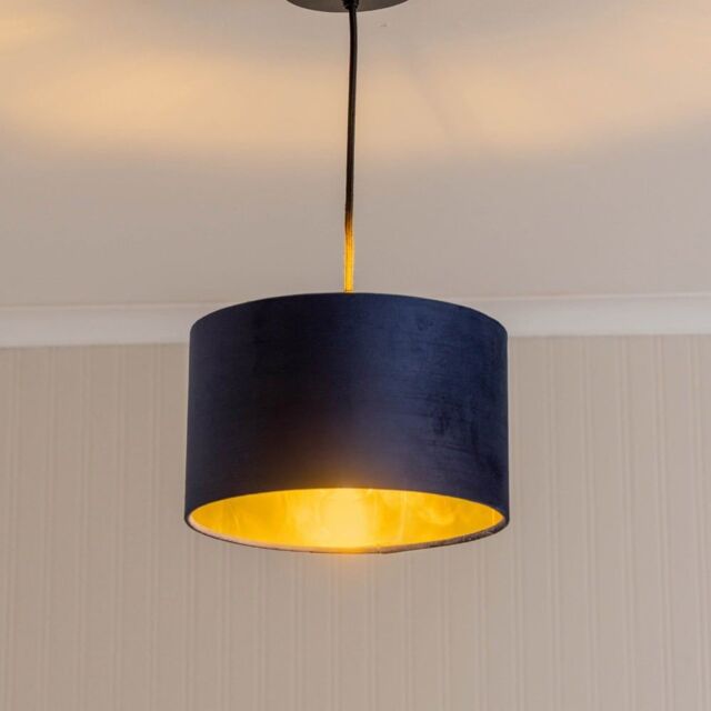 ValueLights Reni Navy Velvet with Metallic Gold Inner Easy Fit Ceiling Lamp Shade in Dark Navy - Size: Small - image 1