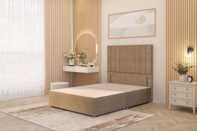 "Somnior Alexas Divan Bed Base with 54"" Floor Standing Headboard Plush Velvet in Beige - Size: Small Single" - image 1