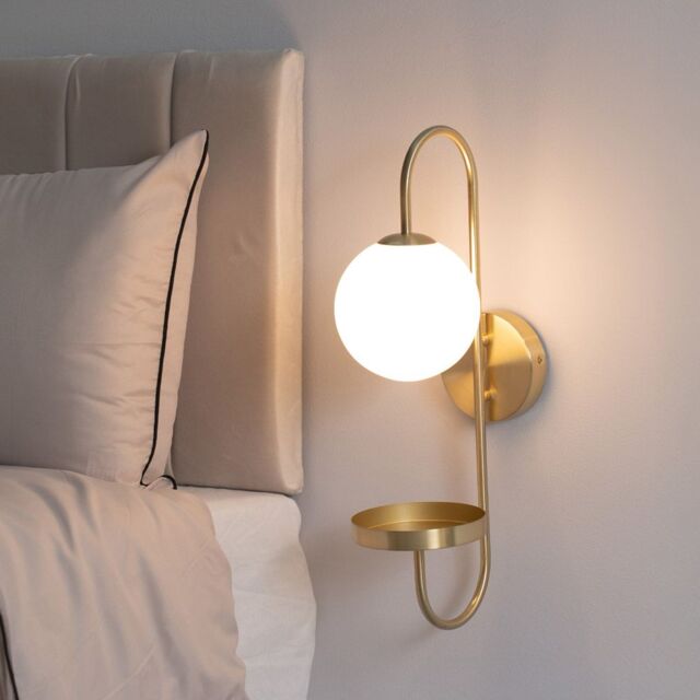 ValueLights Milo Frosted Glass Globe Shade Curved Wall Light with Shelf in Gold - image 1