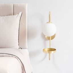 ValueLights Milo Frosted Glass Globe Shade Curved Wall Light with Shelf in Gold - thumbnail 4