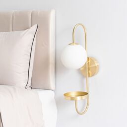 ValueLights Milo Frosted Glass Globe Shade Curved Wall Light with Shelf in Gold - thumbnail 3