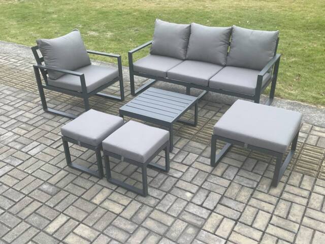 Fimous Aluminium Outdoor Garden Furniture Set Lounge Sofa Chair Square Coffee Table Sets with 3 Footstools Dark Grey - image 1