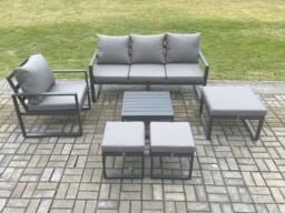 Fimous Aluminium Outdoor Garden Furniture Set Lounge Sofa Chair Square Coffee Table Sets with 3 Footstools Dark Grey - thumbnail 2