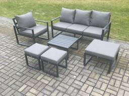 Fimous Aluminium Outdoor Garden Furniture Set Lounge Sofa Chair Square Coffee Table Sets with 3 Footstools Dark Grey - thumbnail 1
