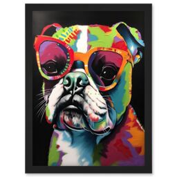Artery8 Rainbow Colour English Bulldog Puppy in Sunglasses Artwork Framed Wall Art Print A4 in Black - thumbnail 1