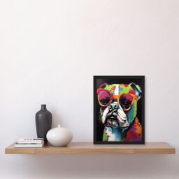 Artery8 Rainbow Colour English Bulldog Puppy in Sunglasses Artwork Framed Wall Art Print A4 in Black - thumbnail 2