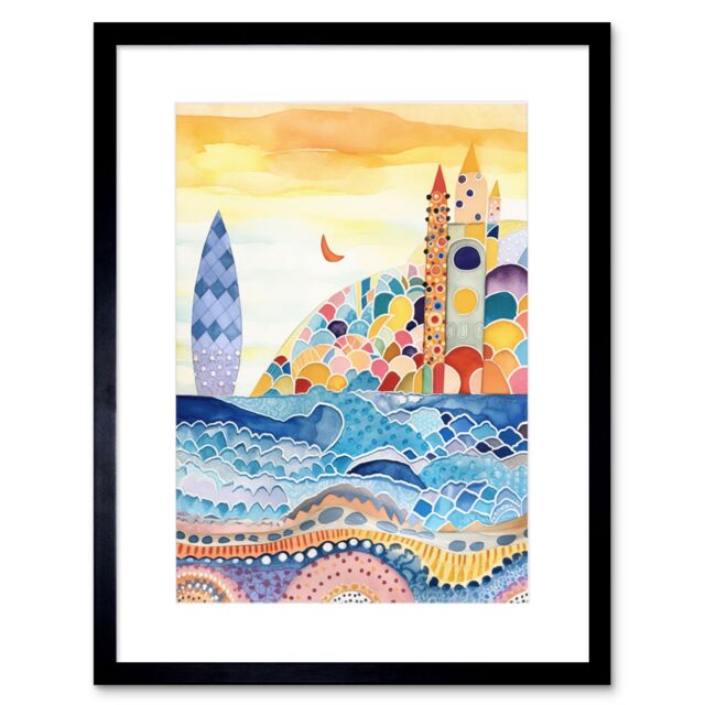 "Artery8 Wall Art Print Abstract Seascape Waves On Beach Folk Art Bathroom Artwork Framed 9X7 Inch in Black - Size: W7"" x H9""" - image 1