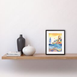 "Artery8 Wall Art Print Abstract Seascape Waves On Beach Folk Art Bathroom Artwork Framed 9X7 Inch in Black - Size: W7"" x H9""" - thumbnail 2