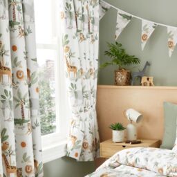 Happy Linen Company Jungle Safari Animals Fully Lined Thermal Blackout Pencil Pleat Curtain Set in Ivory - Size: 167 cm width x 183 cm drop