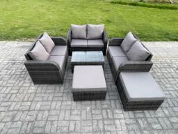 Fimous 8 Seater Garden Furniture Set Rattan Lounge Sofa Chair With Tempered Glass Table Big Footstool Dark Grey Mixed - thumbnail 1