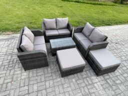 Fimous 8 Seater Garden Furniture Set Rattan Lounge Sofa Chair With Tempered Glass Table Big Footstool Dark Grey Mixed - thumbnail 2
