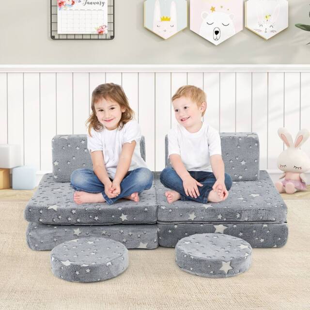 Costway Glow in the Dark Modular Kids Play Couch Set Fold Out Children Sofa in Grey - image 1