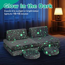 Costway Glow in the Dark Modular Kids Play Couch Set Fold Out Children Sofa in Grey - thumbnail 3