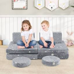 Costway Glow in the Dark Modular Kids Play Couch Set Fold Out Children Sofa in Grey - thumbnail 1