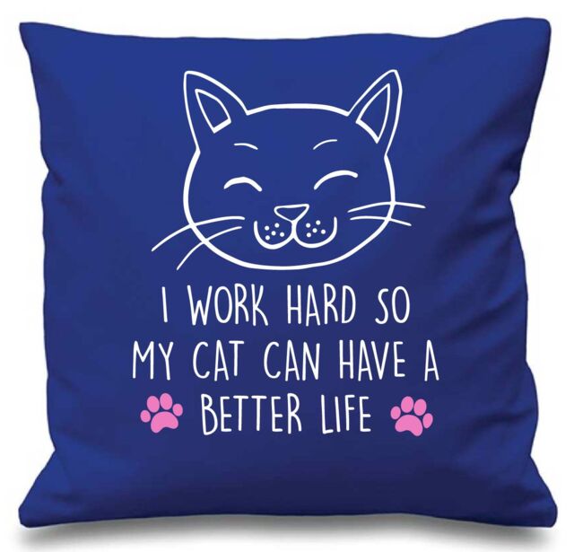 "60 SECOND MAKEOVER Blue Cushion Cover Cat I Work Hard So My Cat Can have A Better Life 16"" x 16"" Mum Friend Gift Decorative - Size: 40 cm x 40 cm"