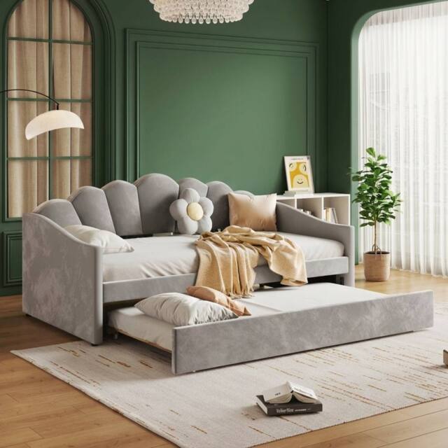 Merax 3ft Single Grey Velvet Scalloped Upholstered Daybed with Trundle Bed - image 1
