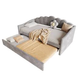 Merax 3ft Single Grey Velvet Scalloped Upholstered Daybed with Trundle Bed - thumbnail 7