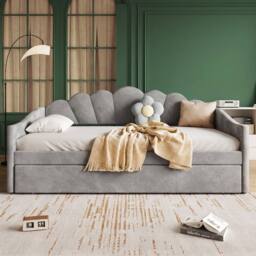 Merax 3ft Single Grey Velvet Scalloped Upholstered Daybed with Trundle Bed - thumbnail 2