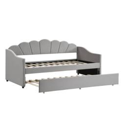 Merax 3ft Single Grey Velvet Scalloped Upholstered Daybed with Trundle Bed - thumbnail 9
