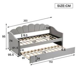 Merax 3ft Single Grey Velvet Scalloped Upholstered Daybed with Trundle Bed - thumbnail 4