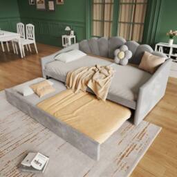 Merax 3ft Single Grey Velvet Scalloped Upholstered Daybed with Trundle Bed - thumbnail 3
