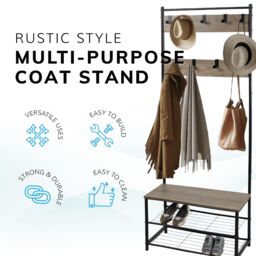 House of Home Coat Rack Stand with Shoe Storage Bench 9 Hooks Rustic Light Brown Entrance Hall - thumbnail 6