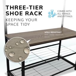 House of Home Coat Rack Stand with Shoe Storage Bench 9 Hooks Rustic Light Brown Entrance Hall - thumbnail 4