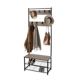 House of Home Coat Rack Stand with Shoe Storage Bench 9 Hooks Rustic Light Brown Entrance Hall