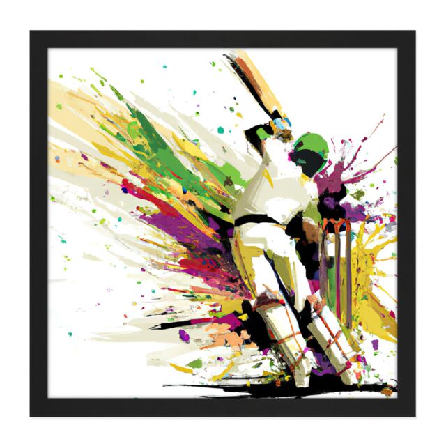 "Artery8 Wall Art Print Sports in Motion Cricket Batsman Splatter Style Painting Square Framed Picture 16X16 Inch in Black - Size: W16"" x H16""" - image 1