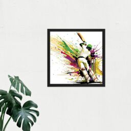 "Artery8 Wall Art Print Sports in Motion Cricket Batsman Splatter Style Painting Square Framed Picture 16X16 Inch in Black - Size: W16"" x H16""" - thumbnail 2