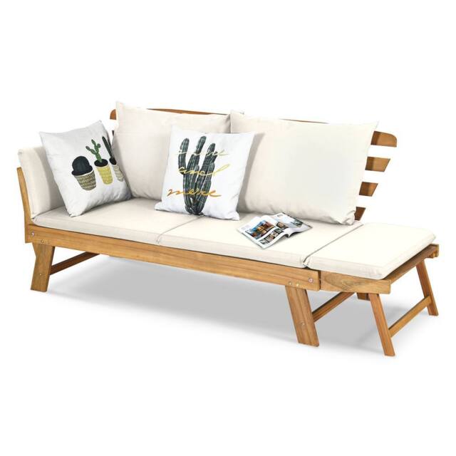 Gymax 2-in-1 Outdoor Sofa Bed Chaise Lounge Bench With Padded Pillow Cushion in White - image 1