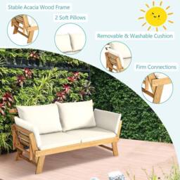 Gymax 2-in-1 Outdoor Sofa Bed Chaise Lounge Bench With Padded Pillow Cushion in White - thumbnail 6