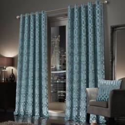 New Edge Blinds Luxe Geo Velvet Eyelet Curtains in Teal - Size: 228 cm width x 228 cm drop - thumbnail 2