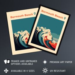 Artery8 Wall Art Print The Seaside Calls Barmouth Beach Wales UK Modern Woman of the Waves Sea Siren Ocean Art Framed in Blue - Size: A4 - thumbnail 2