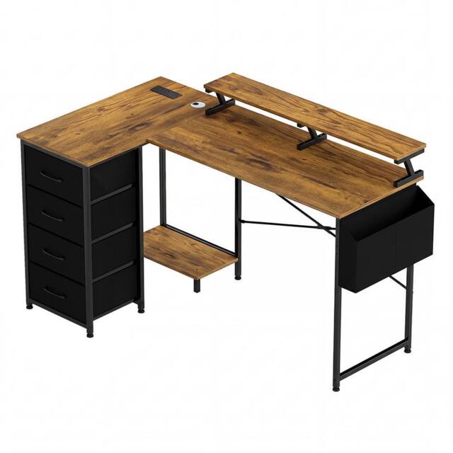 Levede Gaming Desk L Shaped with USB Charging Port Power Outlet Walnut Color in Brown - image 1