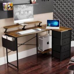 Levede Gaming Desk L Shaped with USB Charging Port Power Outlet Walnut Color in Brown - thumbnail 2