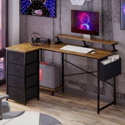 Levede Gaming Desk L Shaped with USB Charging Port Power Outlet Walnut Color in Brown - thumbnail 3