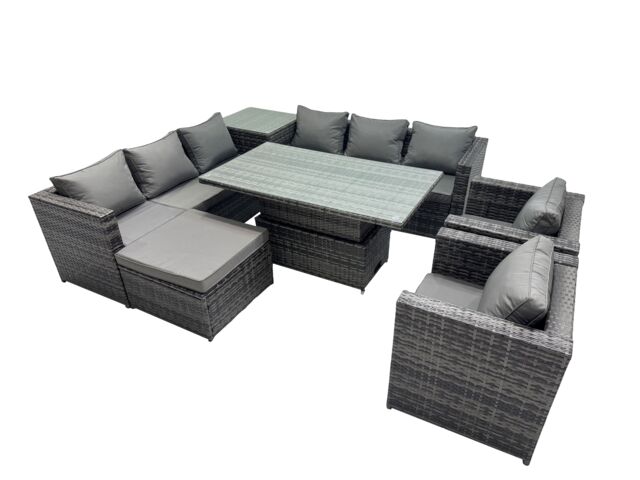 Fimous 9 Seater Outdoor Garden Rattan Furniture Set with Side Table Big Stool in Dark Grey - image 1