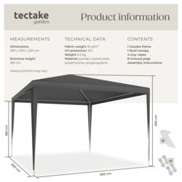 tectake Gazebo Farah- water resistant, plug-in system, 3x3m in Grey - Size: Large - thumbnail 6